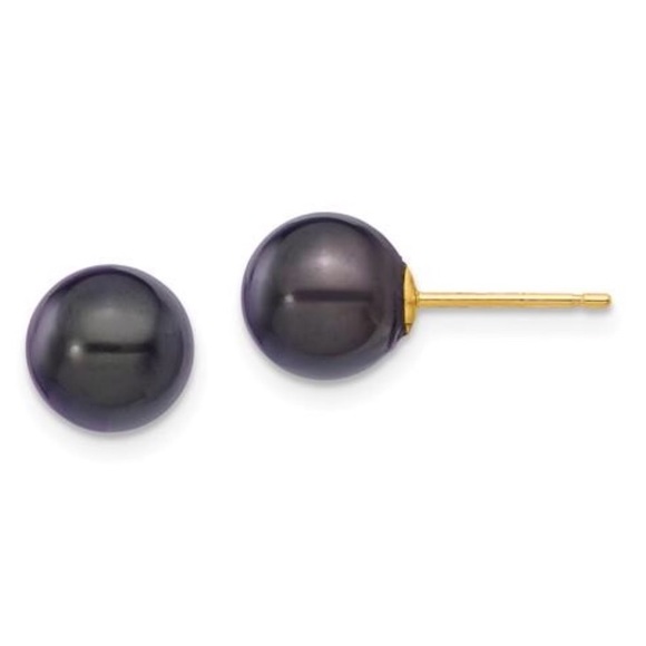 14K Yellow Gold Black Akoya Saltwater Pearl Posts